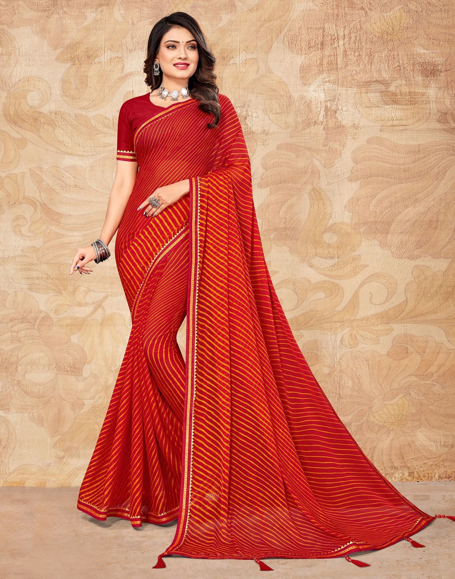 Red Chiffon Printed Saree | Leemboodi