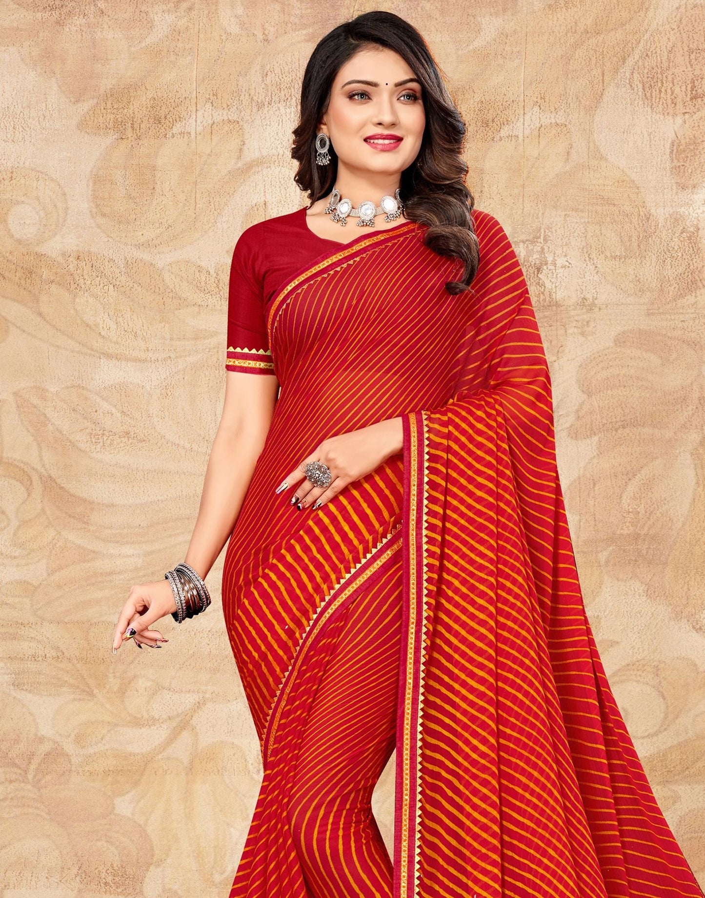 Red Chiffon Printed Saree | Leemboodi