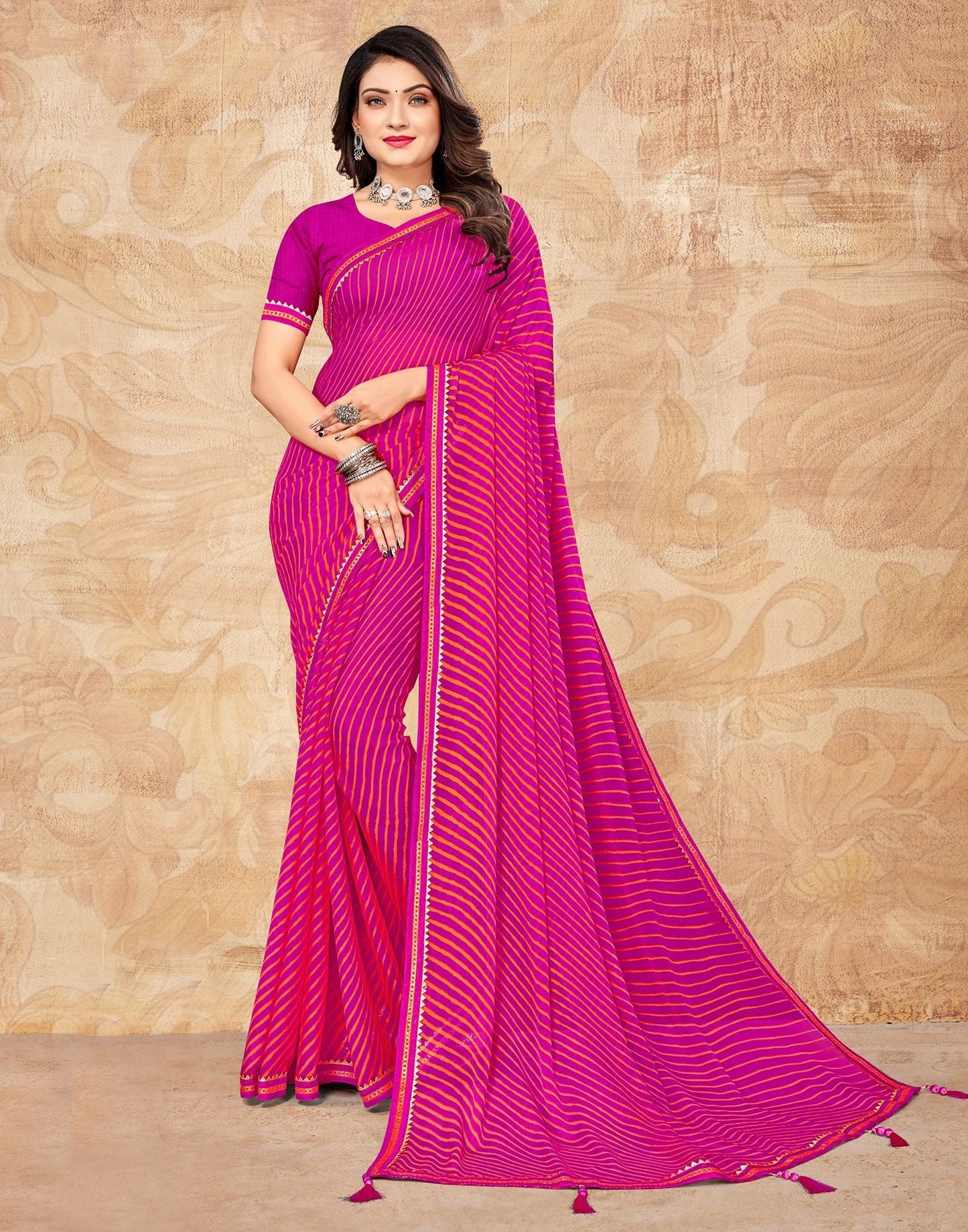 Rani Pink Chiffon Printed Saree | Leemboodi