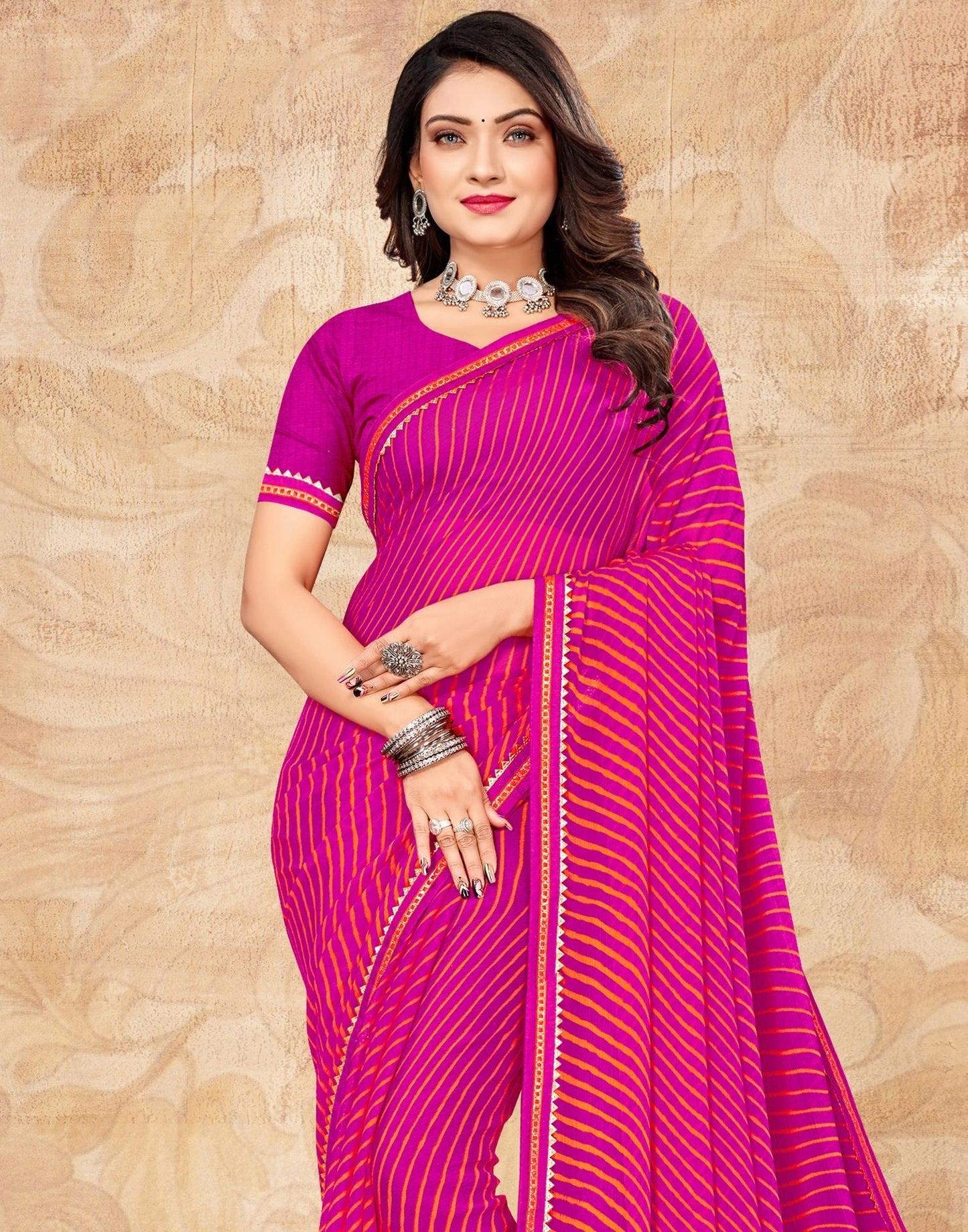 Rani Pink Chiffon Printed Saree | Leemboodi