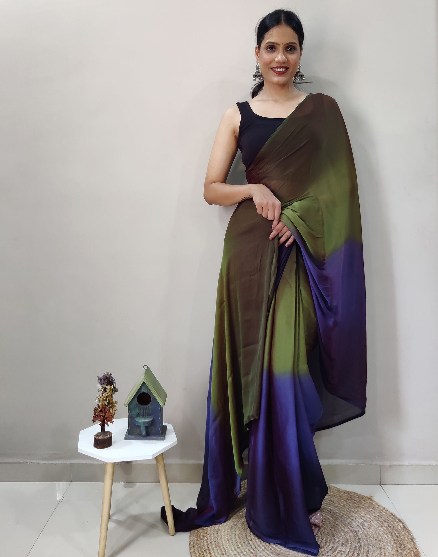 Green Chiffon Pre-draped Saree | Sudathi