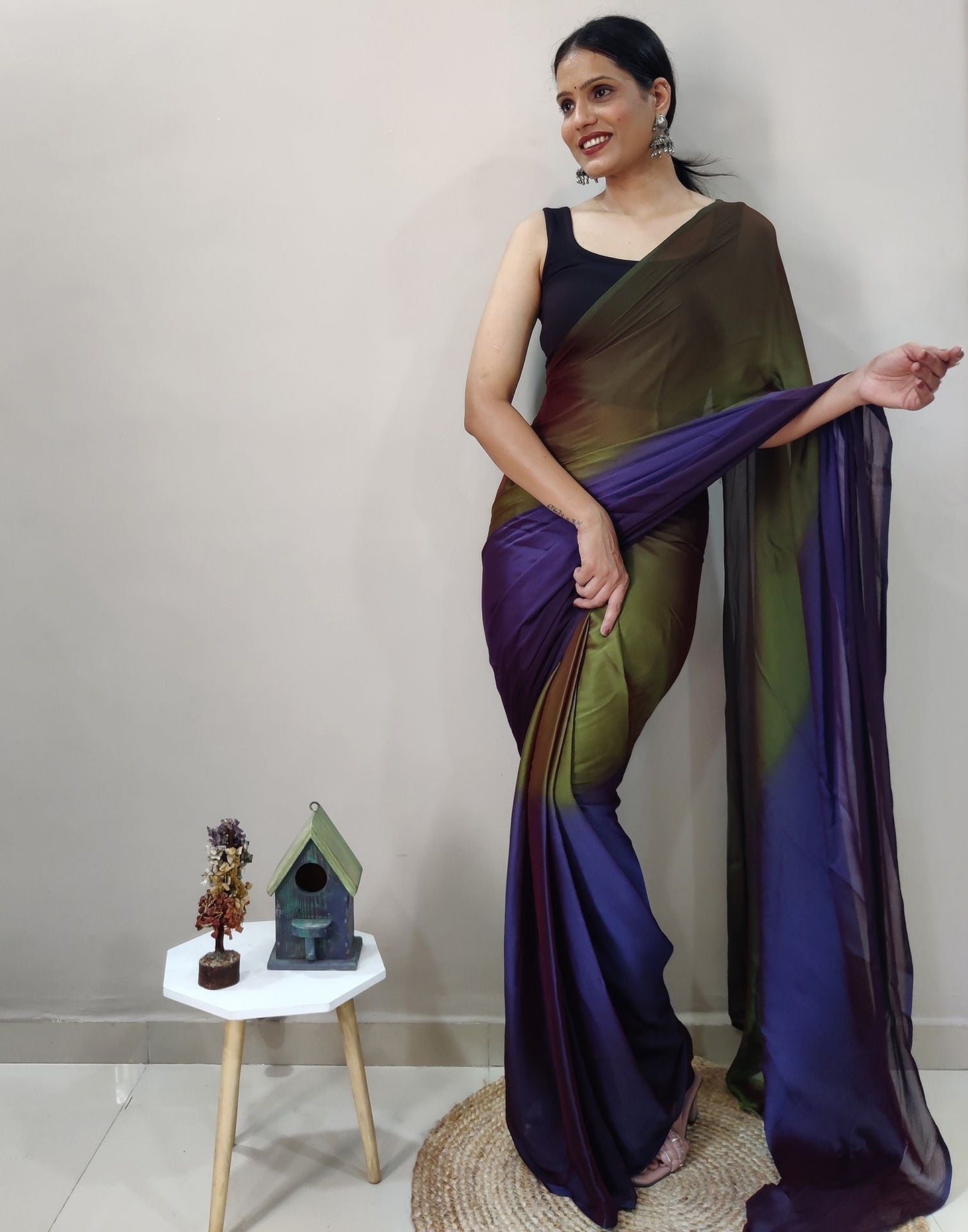 Green Chiffon Pre-draped Saree | Sudathi