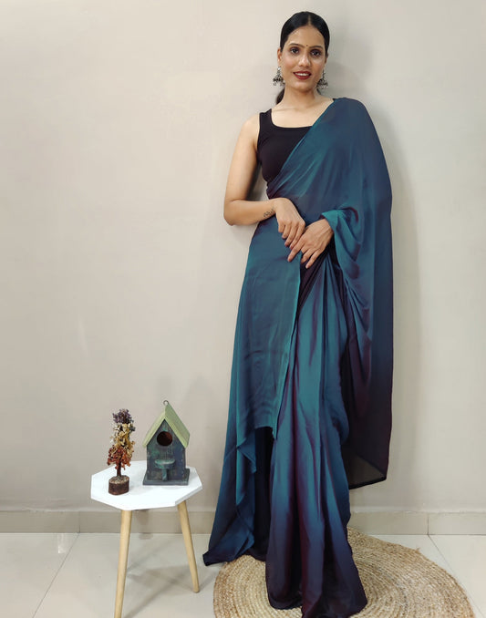 Ready to Wear Blue Chiffon Plain Dual Tone Saree
