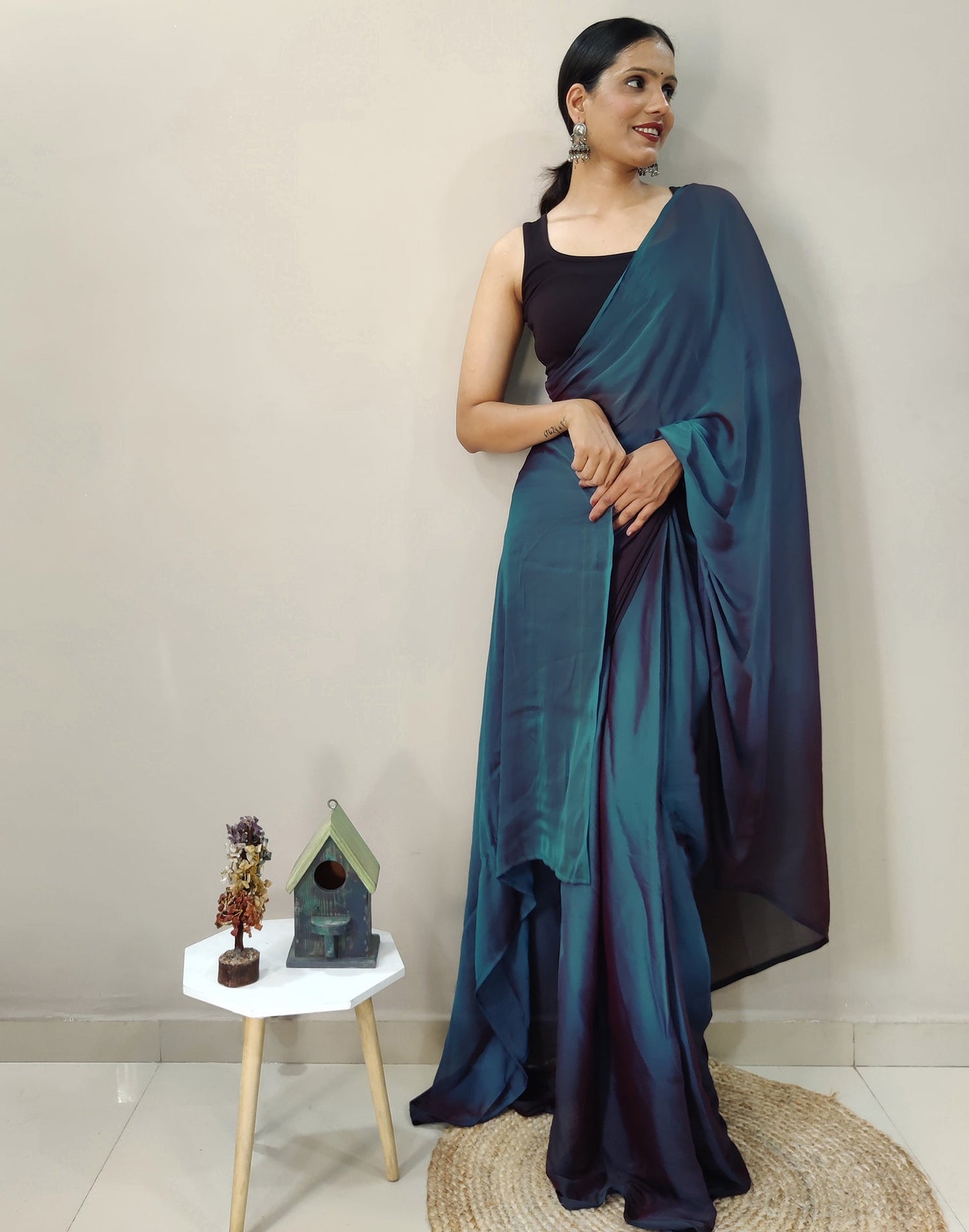 Ready to Wear Blue Chiffon Plain Dual Tone Saree