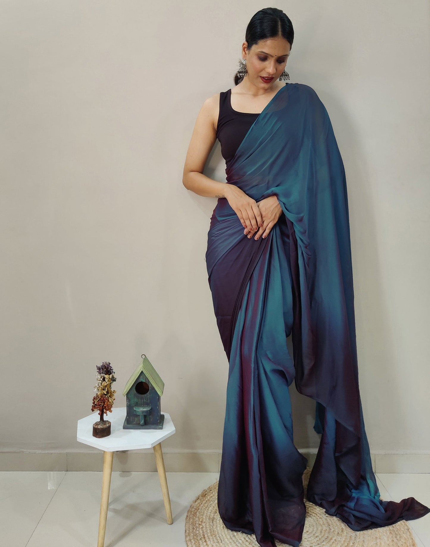 Ready to Wear Blue Chiffon Plain Dual Tone Saree