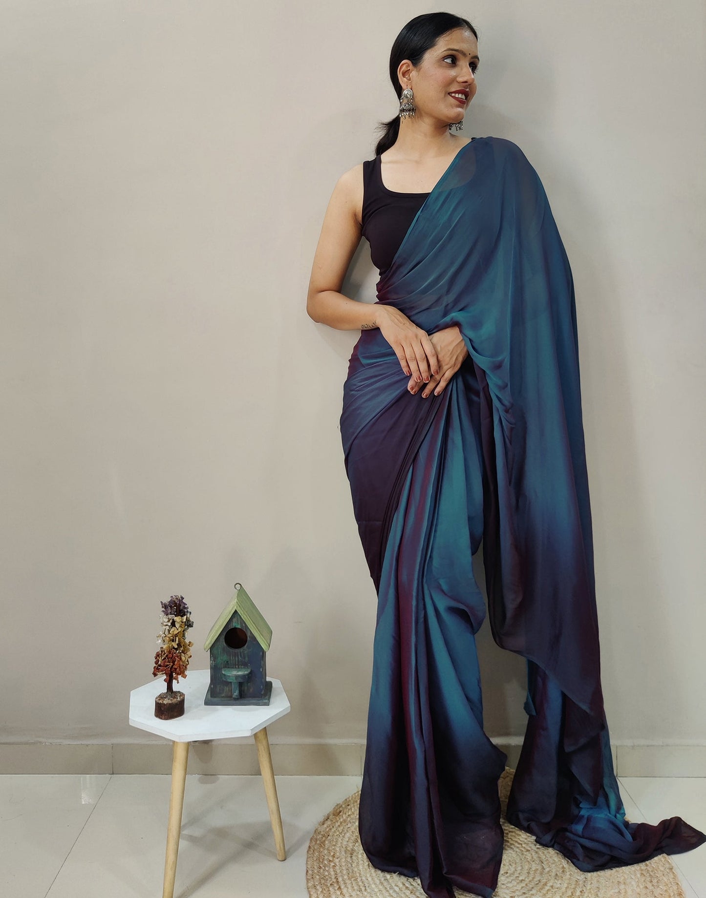 Ready to Wear Blue Chiffon Plain Dual Tone Saree