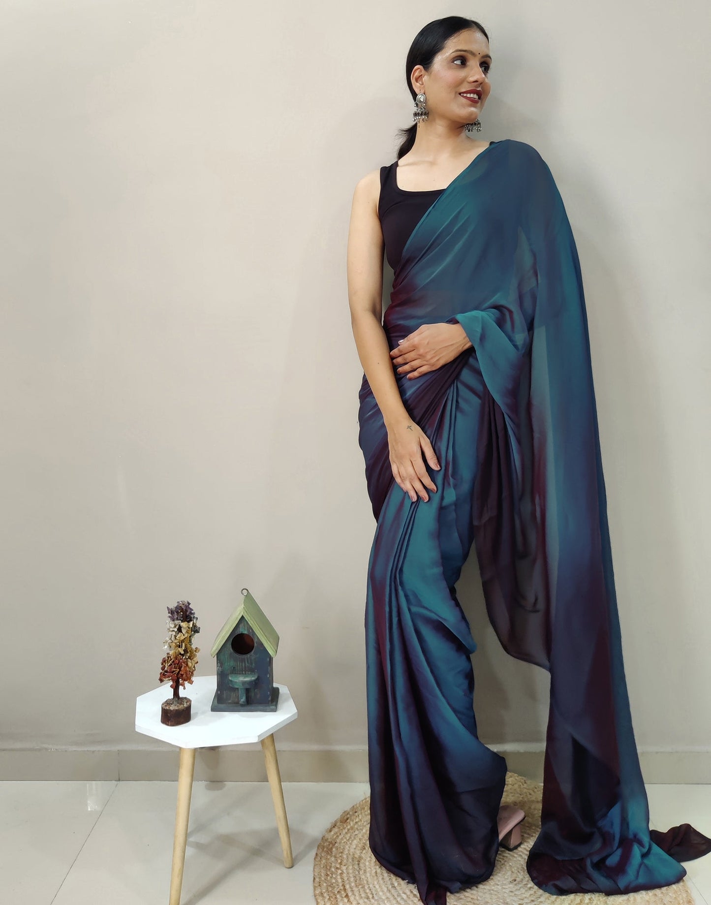 Ready to Wear Blue Chiffon Plain Dual Tone Saree