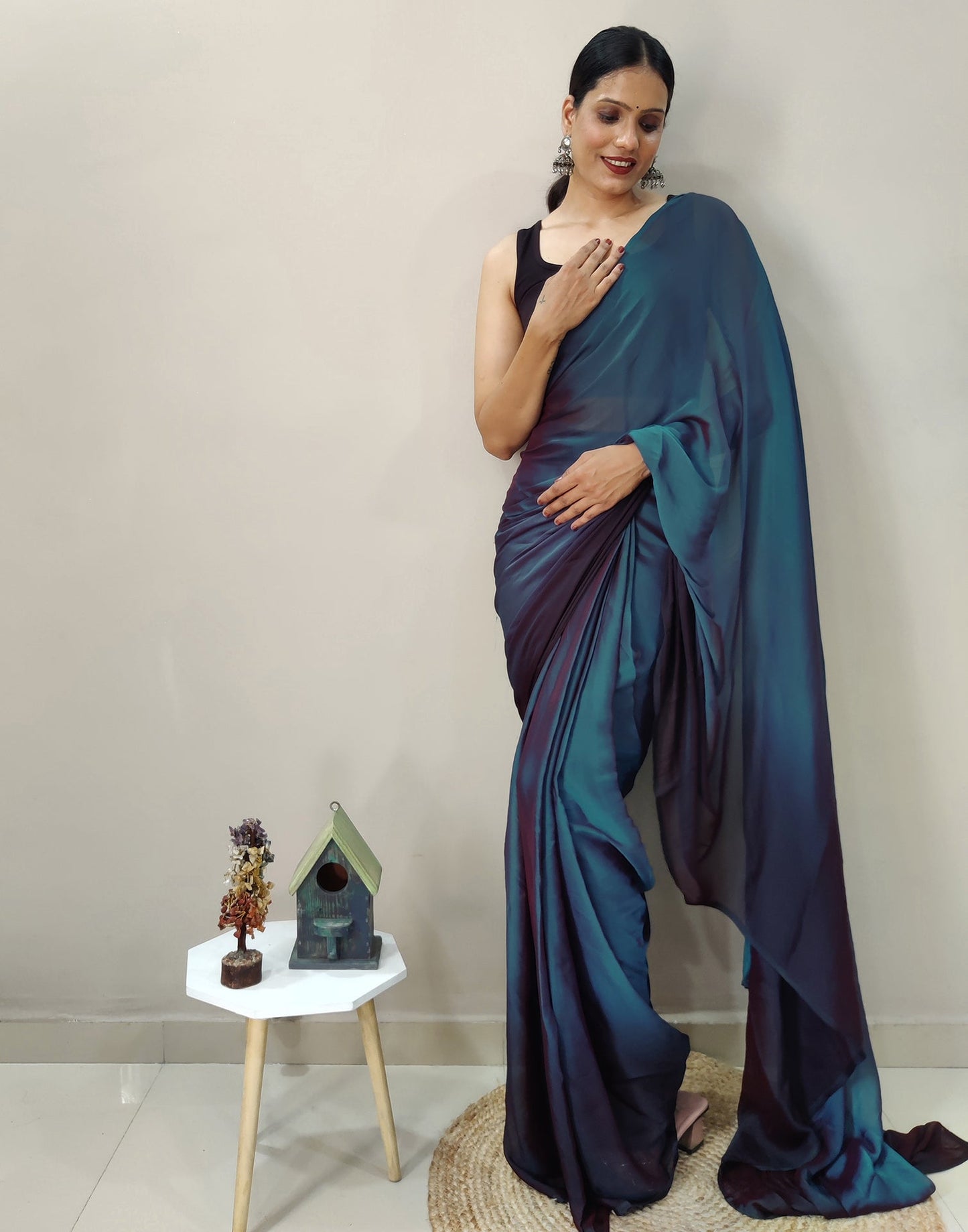 Ready to Wear Blue Chiffon Plain Dual Tone Saree