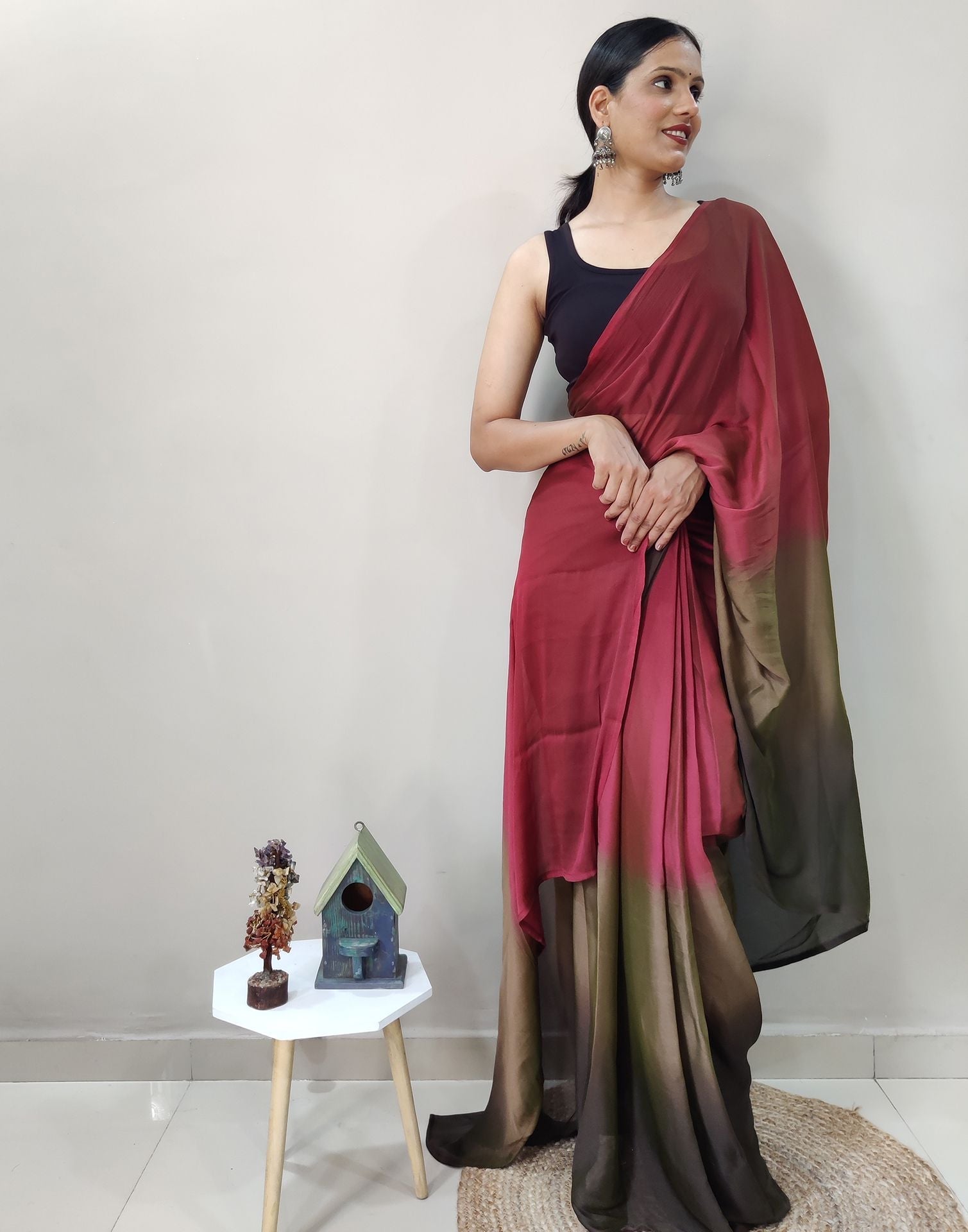 Maroon Chiffon Pre-draped Saree | Sudathi