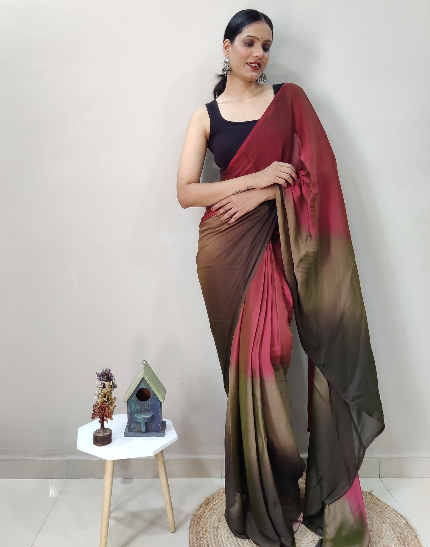 Maroon Chiffon Pre-draped Saree | Sudathi