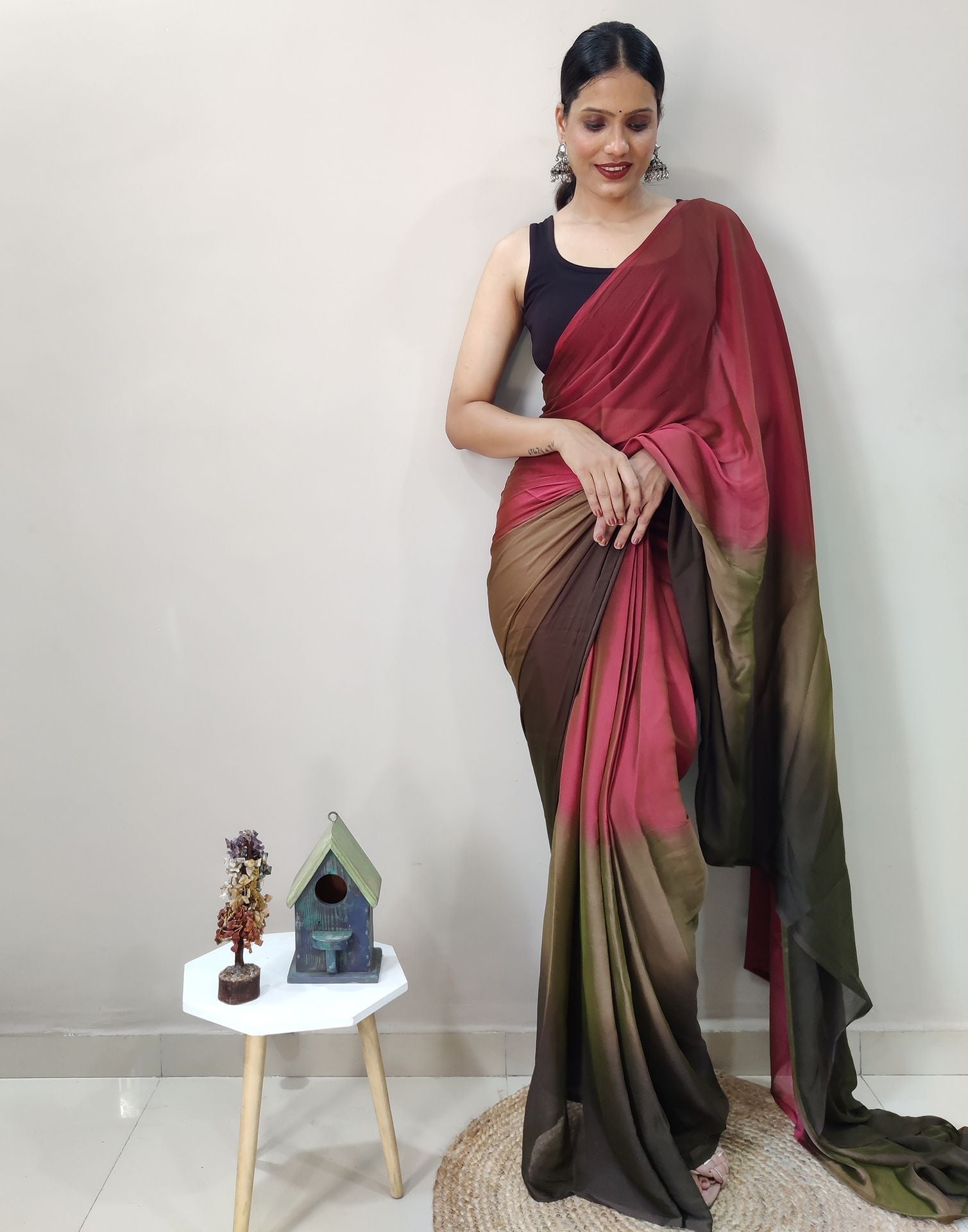 Maroon Chiffon Pre-draped Saree | Sudathi