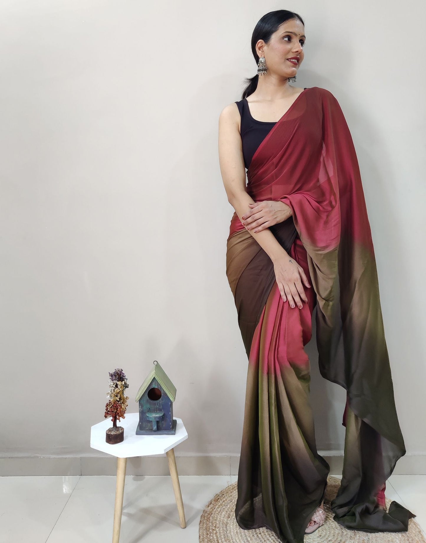 Maroon Chiffon Pre-draped Saree | Sudathi