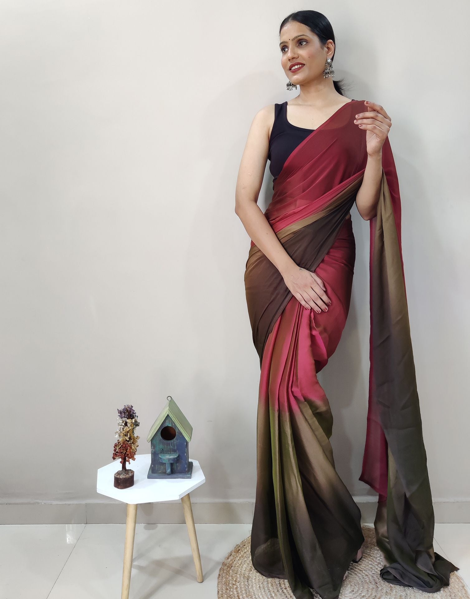 Maroon Chiffon Pre-draped Saree | Sudathi