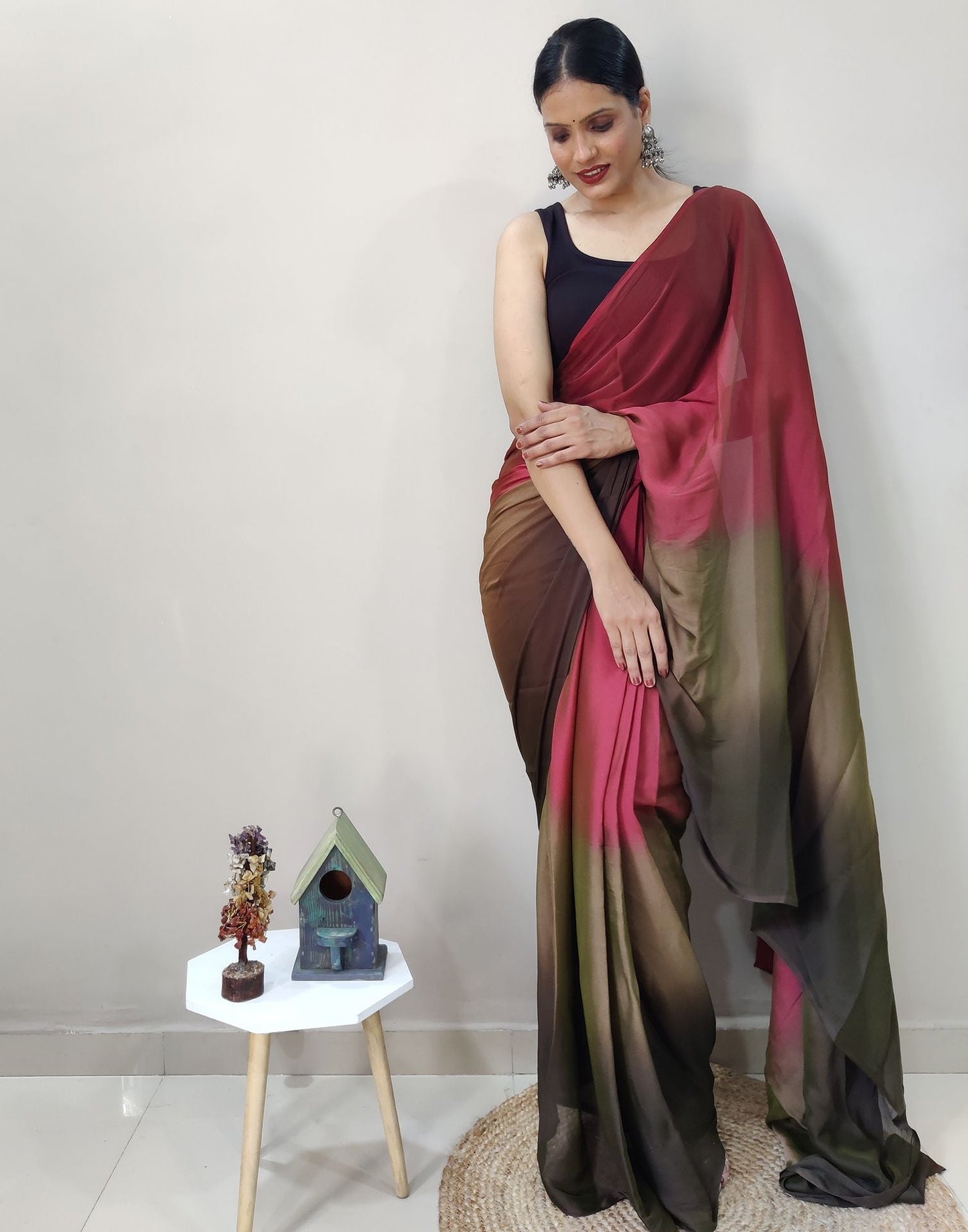 Maroon Chiffon Pre-draped Saree | Sudathi