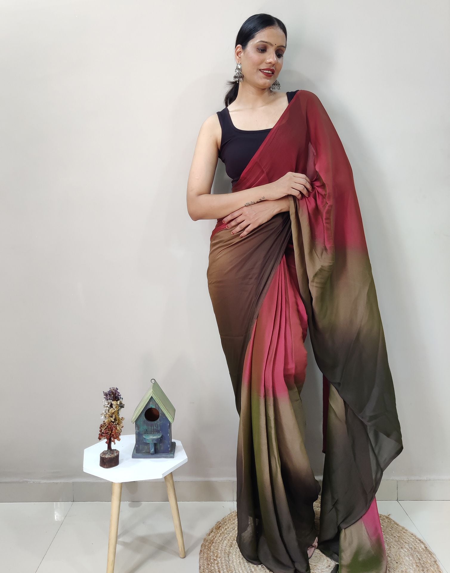 Maroon Chiffon Pre-draped Saree | Sudathi