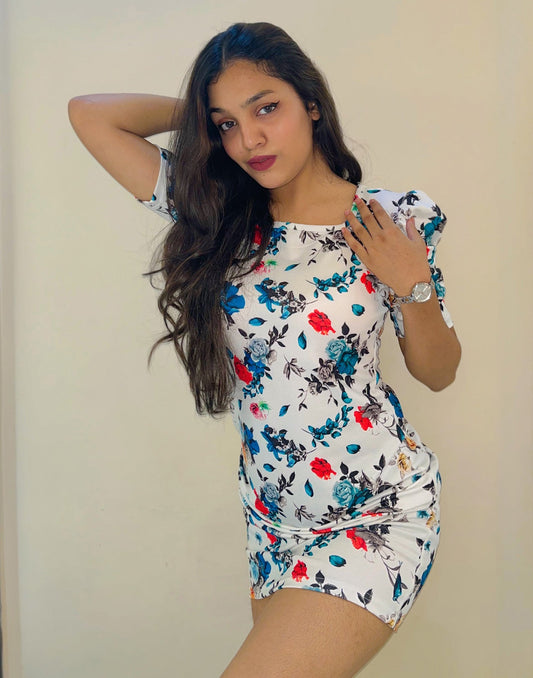 White and Multicoloured Printed Bodycon | Sudathi