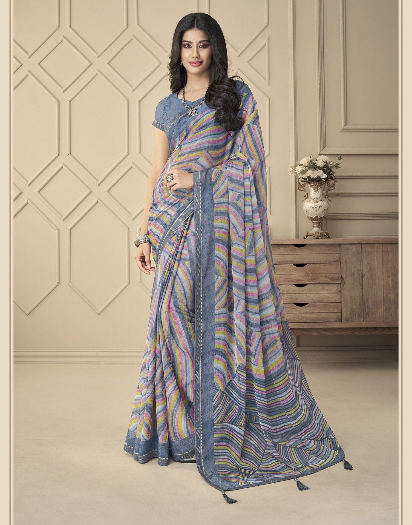 Grey Chiffon Printed Saree