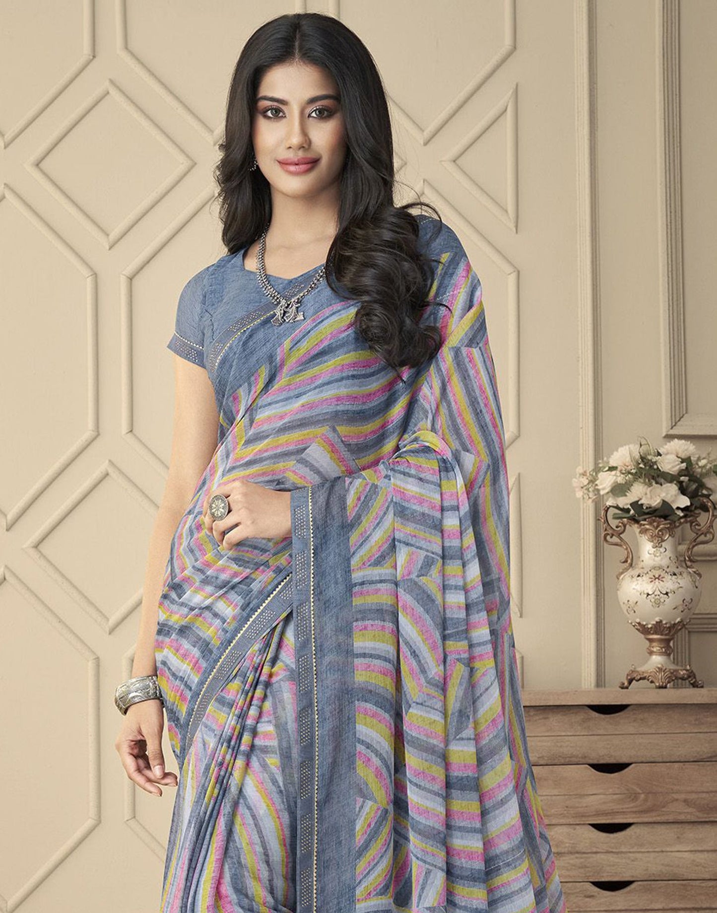 Grey Chiffon Printed Saree