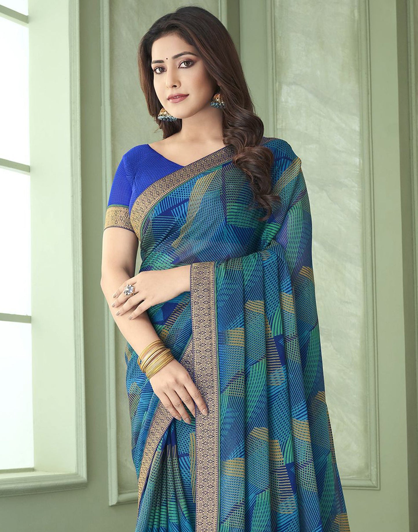 Blue Chiffon Printed Saree