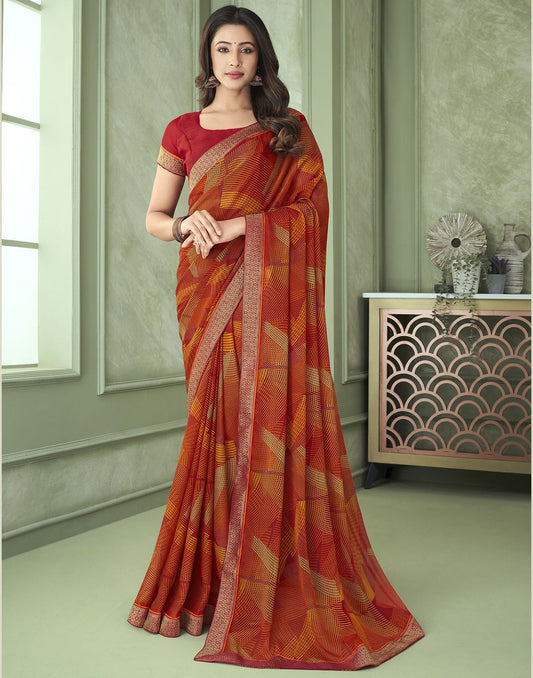Red Chiffon Printed Saree