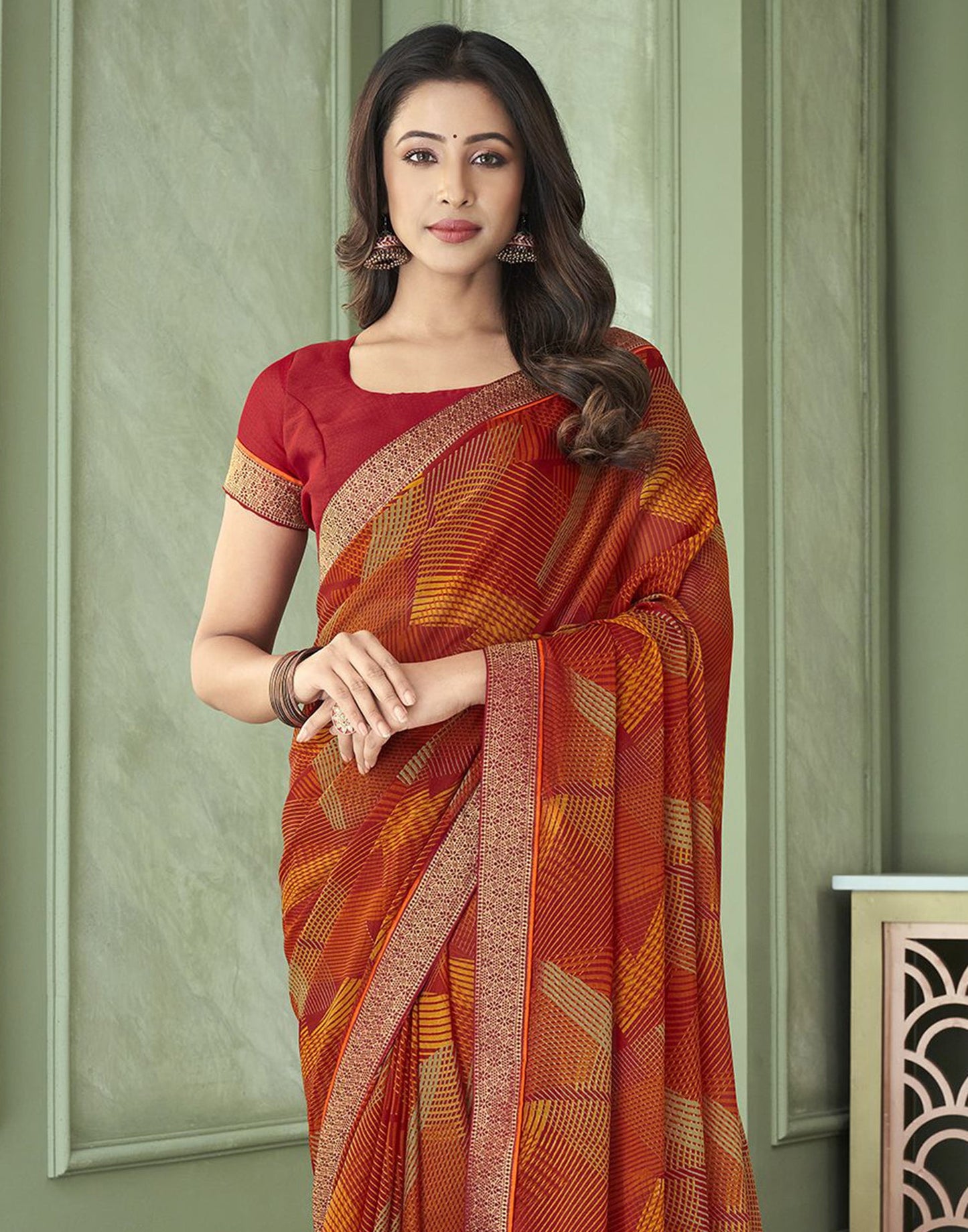 Red Chiffon Printed Saree