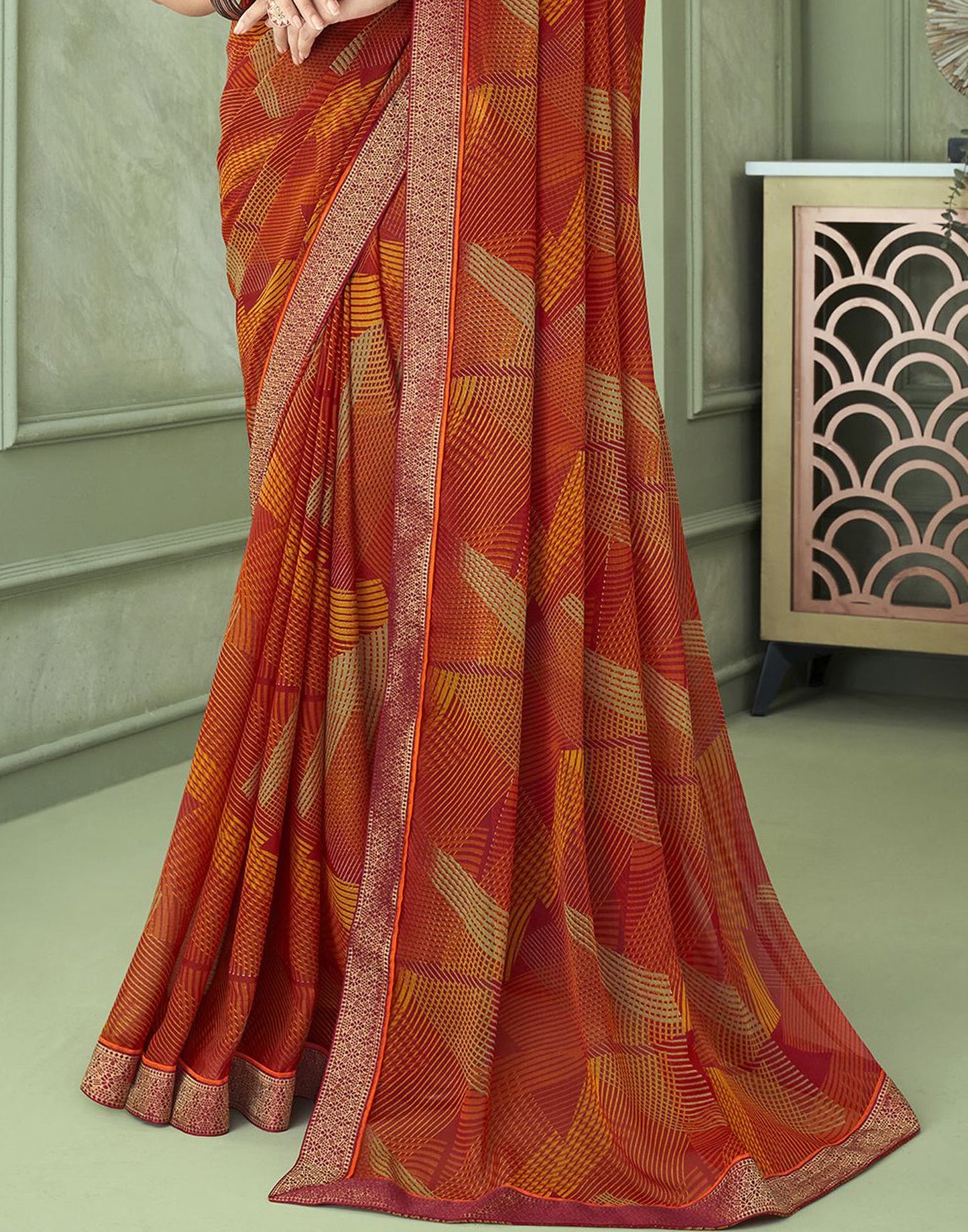 Red Chiffon Printed Saree