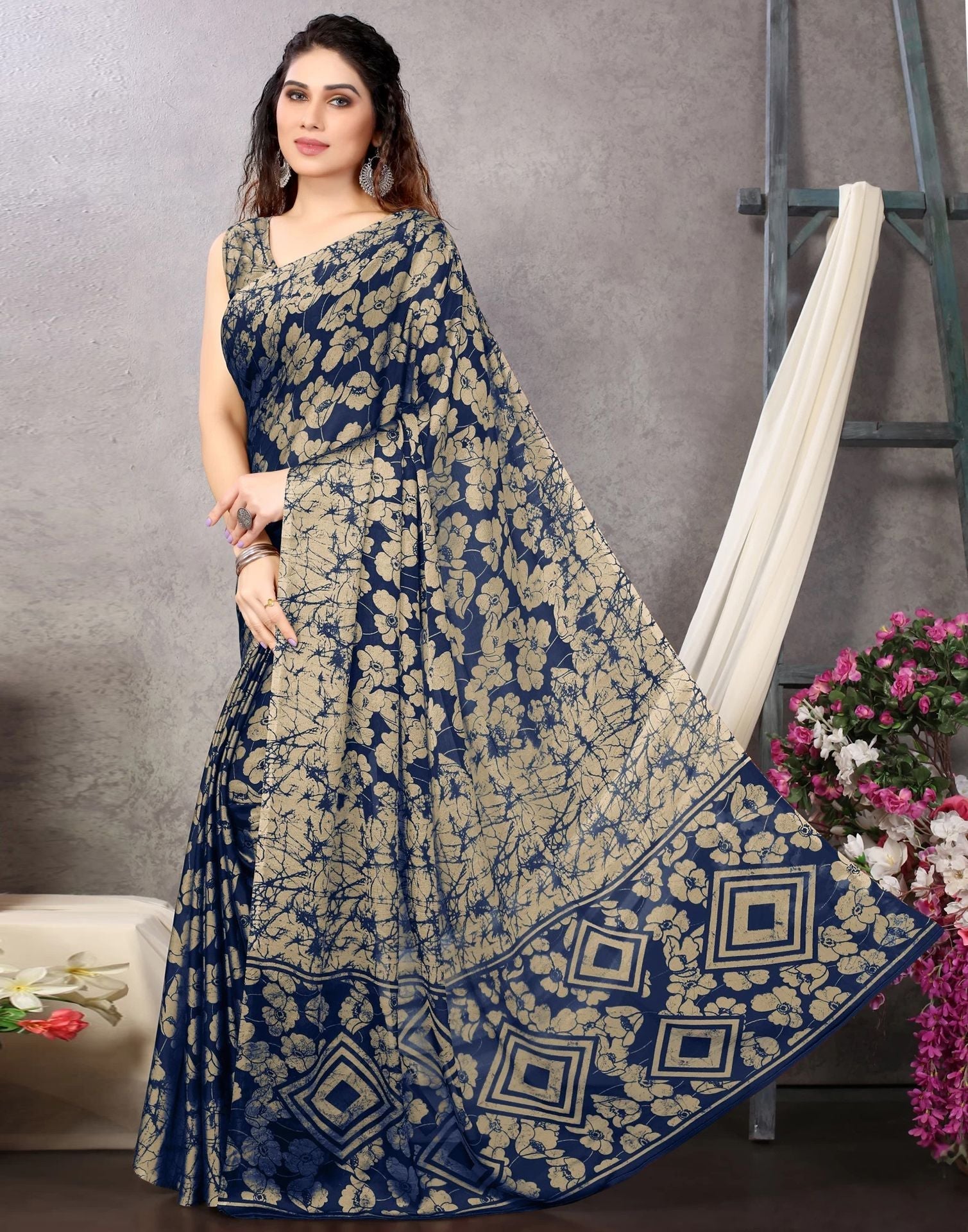 Blue Chiffon Printed Saree | Sudathi