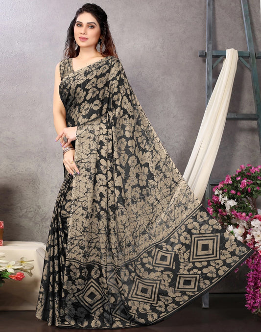 Black Chiffon Printed Saree | Sudathi