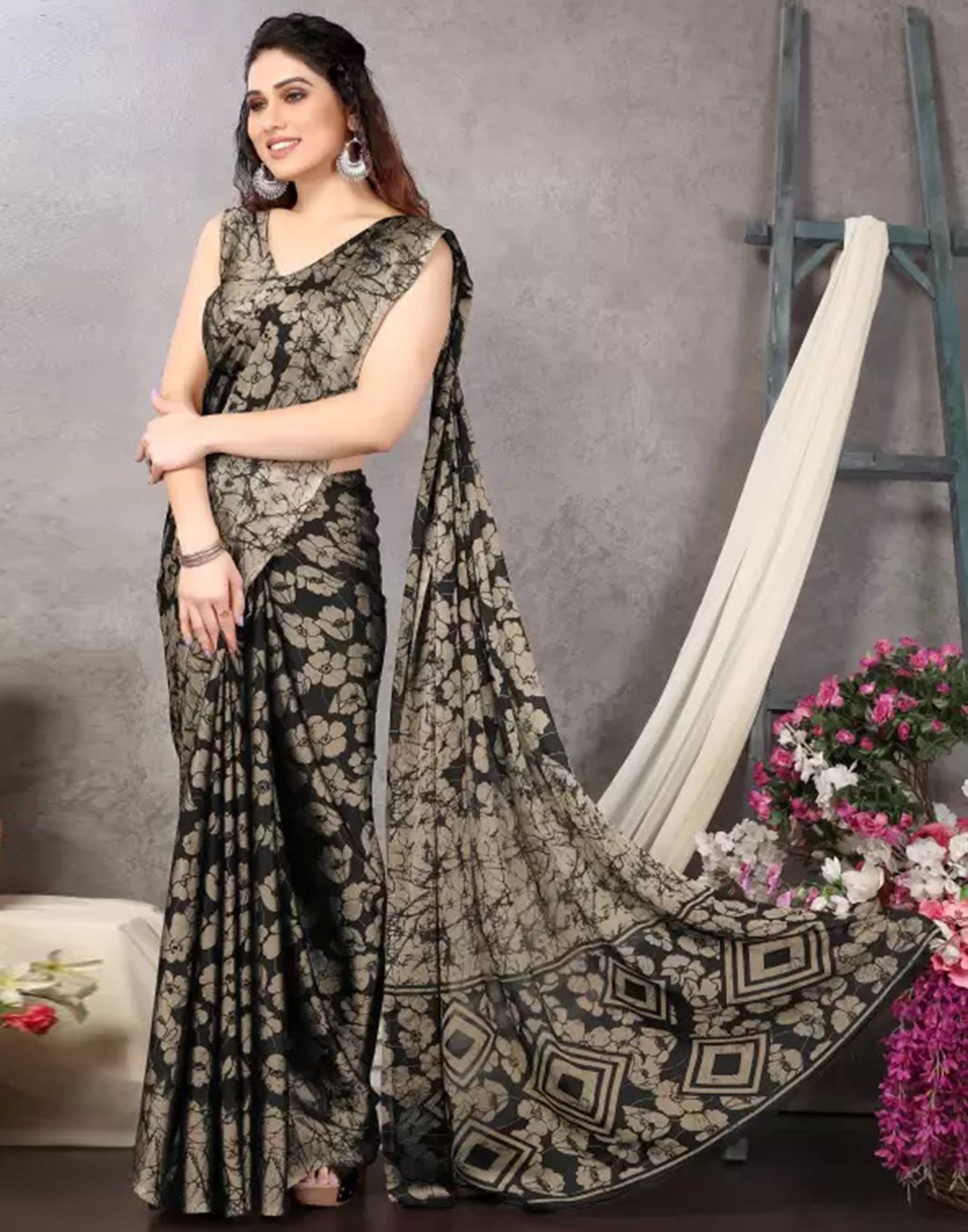 Black Chiffon Printed Saree | Sudathi