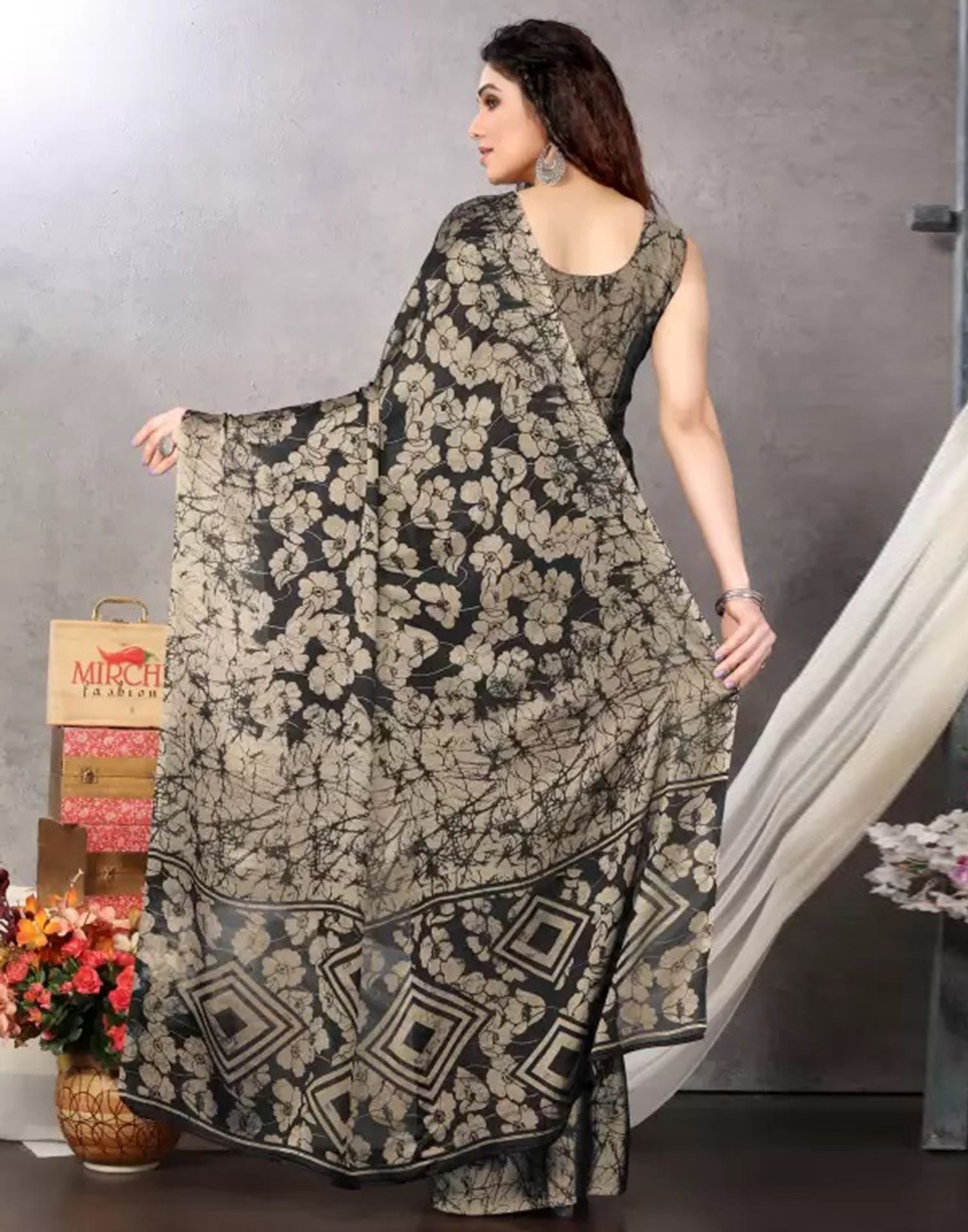 Black Chiffon Printed Saree | Sudathi