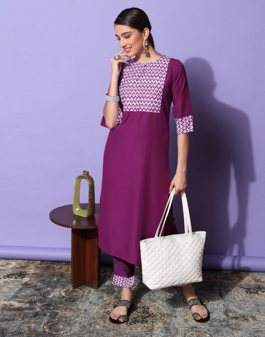 Dark Magenta Plain Rayon Straight Kurta Set