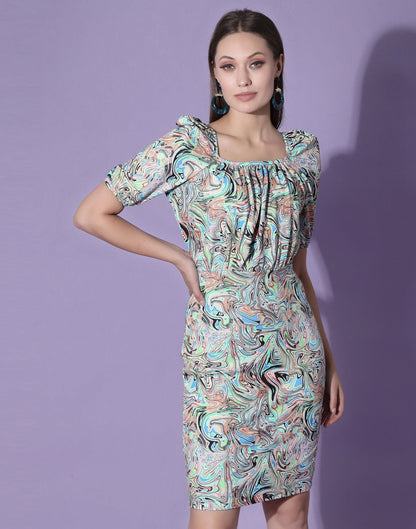 Multicolour Puff Sleeve Bodycon Dress | Sudathi