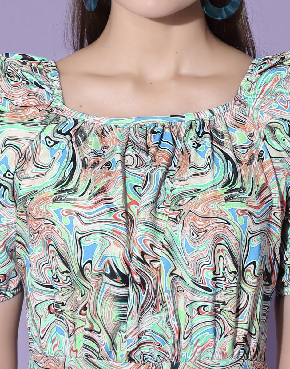 Multicolour Puff Sleeve Bodycon Dress | Sudathi