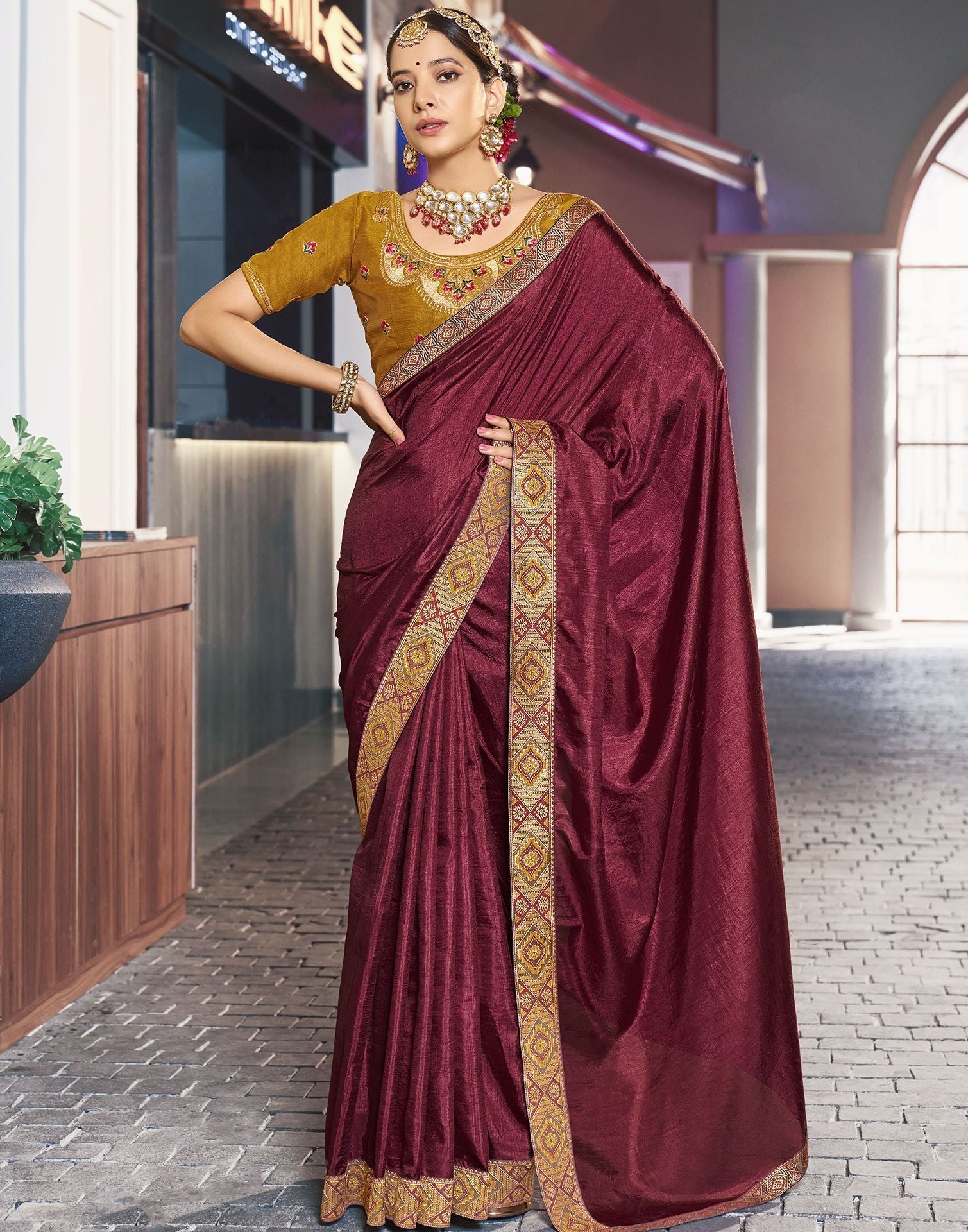 Maroon Plain Banarasi Silk Saree | Sudathi