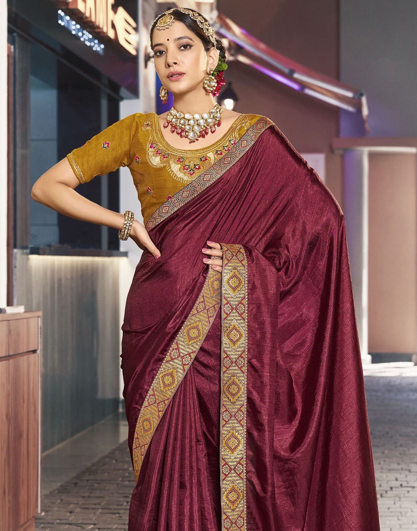 Maroon Plain Banarasi Silk Saree | Sudathi