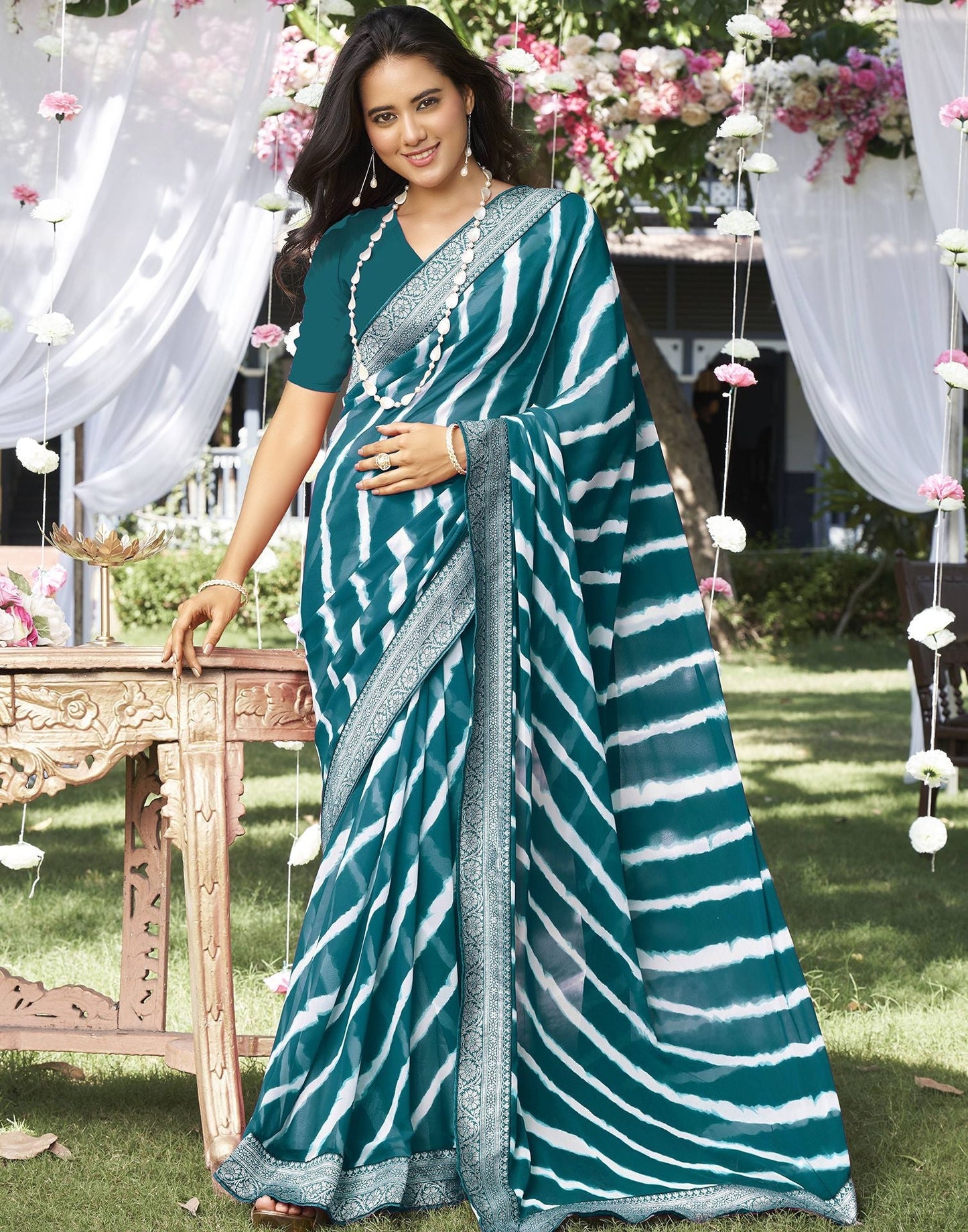 Teal Blue Printed Saree | Leemboodi