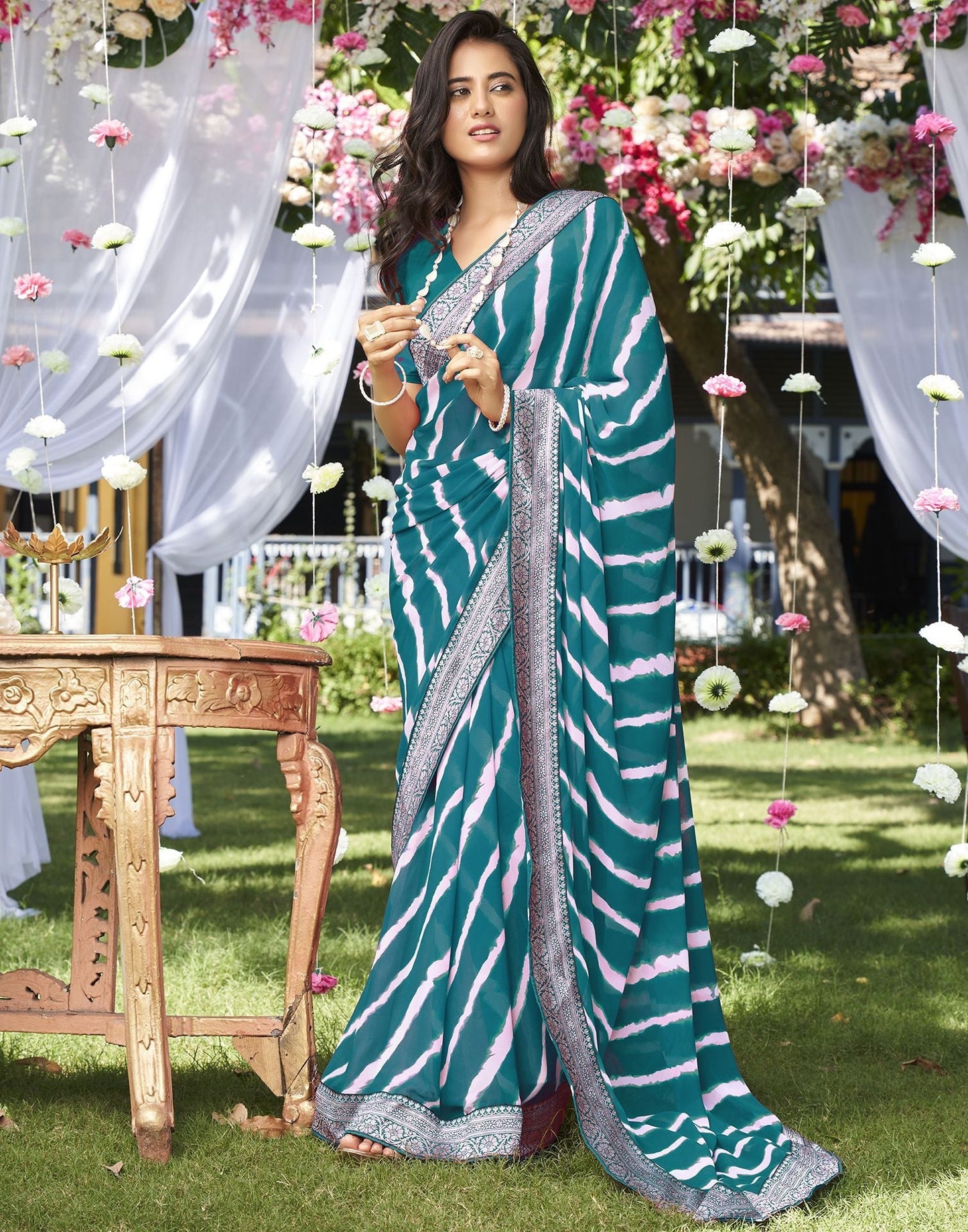 Teal Blue Printed Saree | Leemboodi