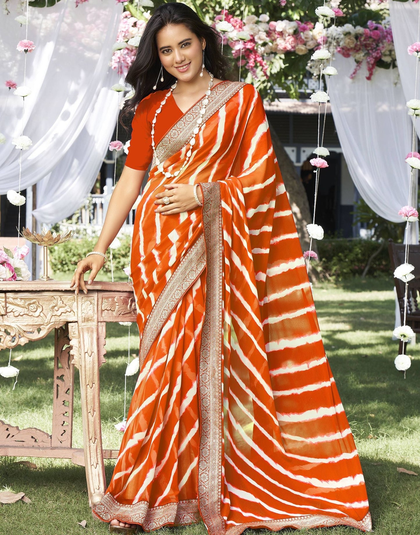 Orange Printed Saree | Leemboodi