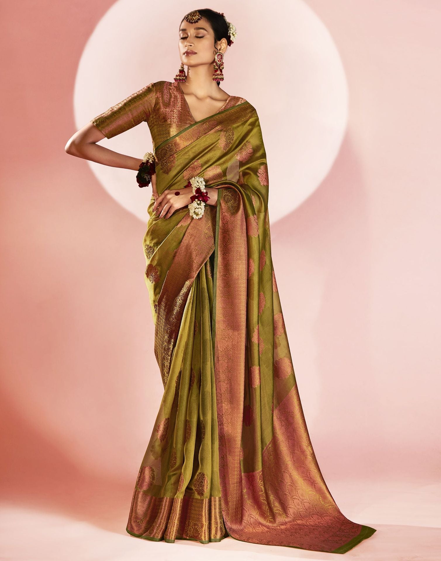 Olive Green Organza Banarasi Saree | Leemboodi