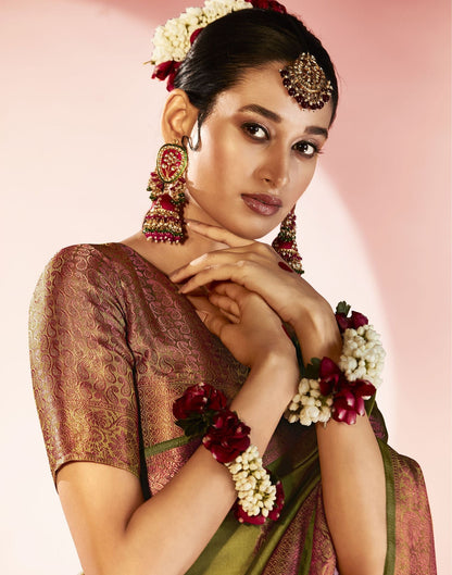 Olive Green Organza Banarasi Saree | Leemboodi