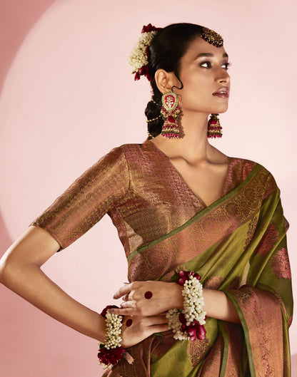 Olive Green Organza Banarasi Saree | Leemboodi