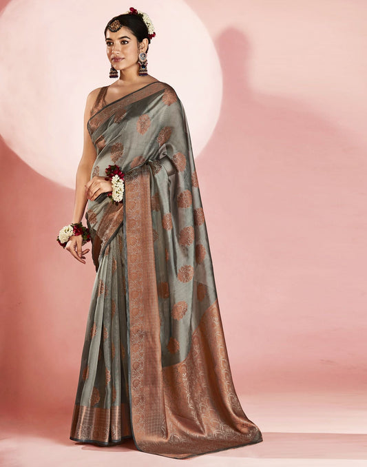 Light Grey Organza Banarasi Saree | Leemboodi