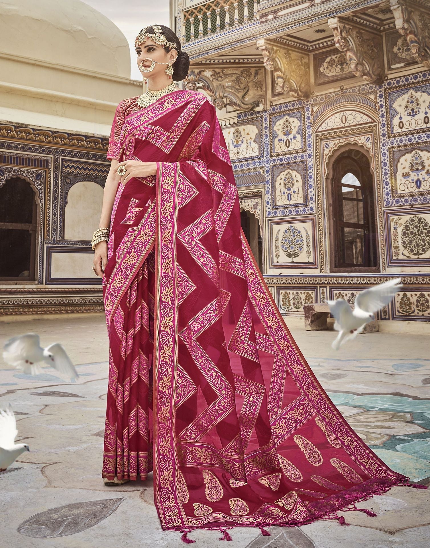 Dark Pink Organza Banarasi Saree | Leemboodi