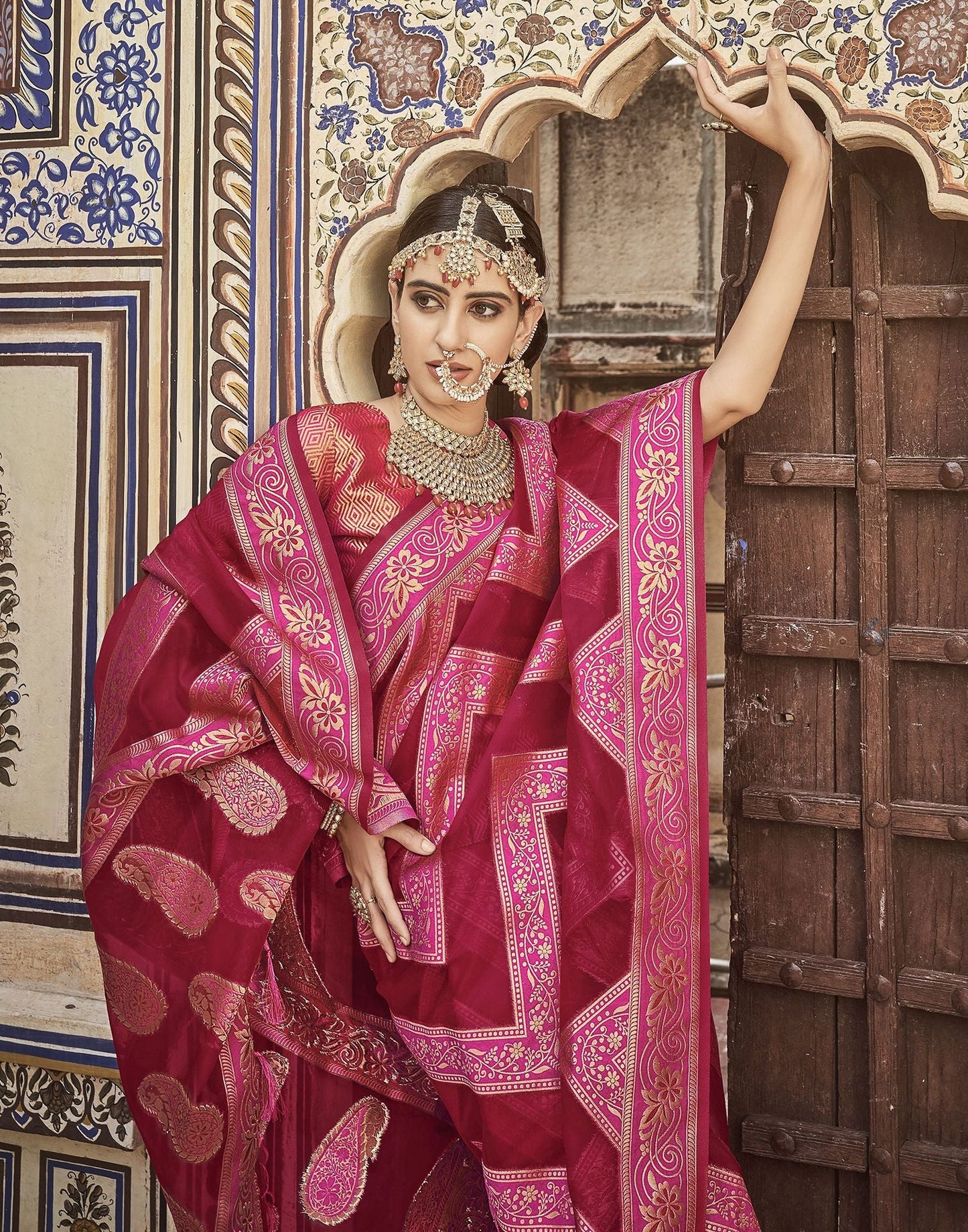 Dark Pink Organza Banarasi Saree | Leemboodi