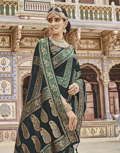 Dark Green Organza Banarasi Saree | Leemboodi