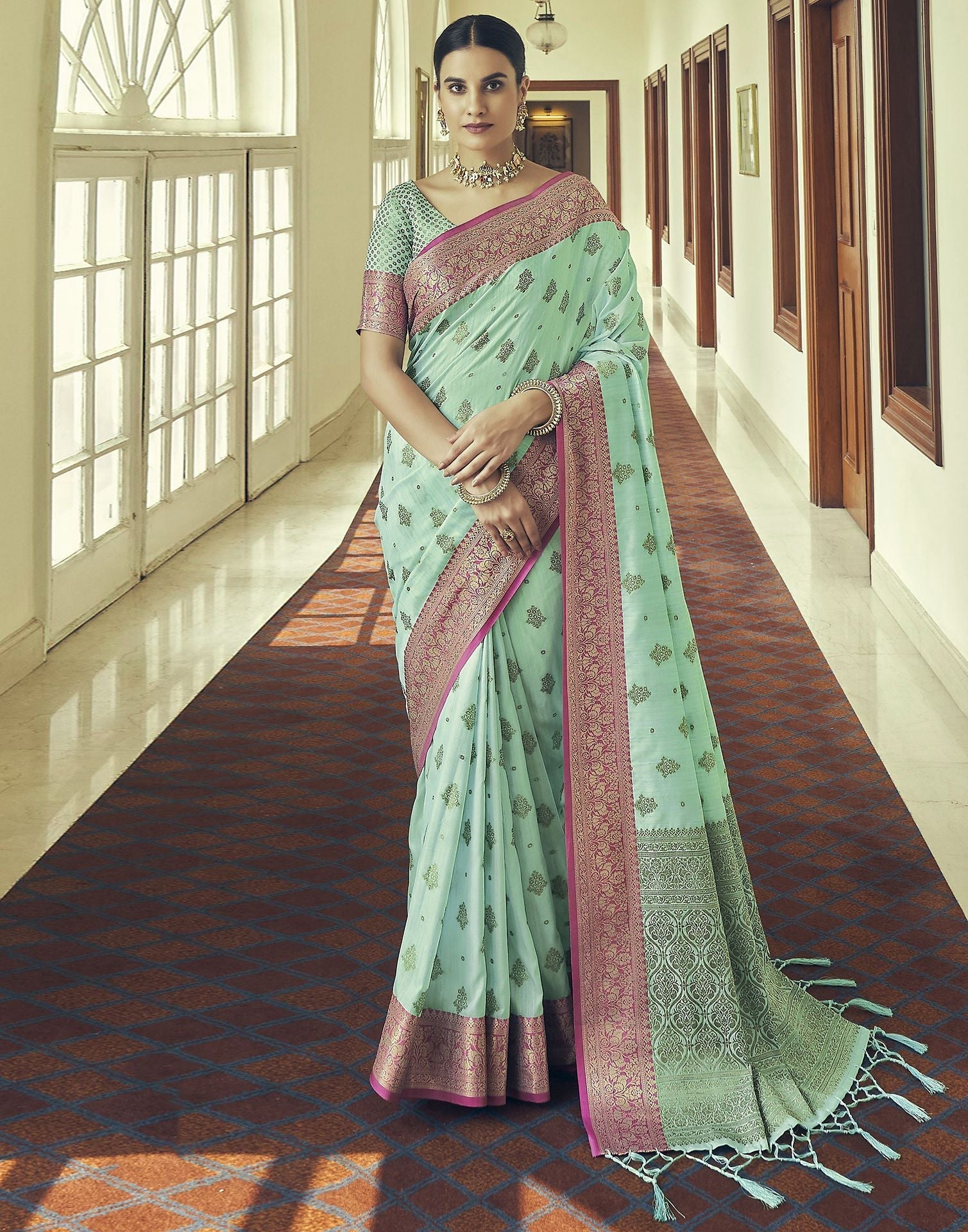 Turquoise Silk Banarasi Saree | Leemboodi