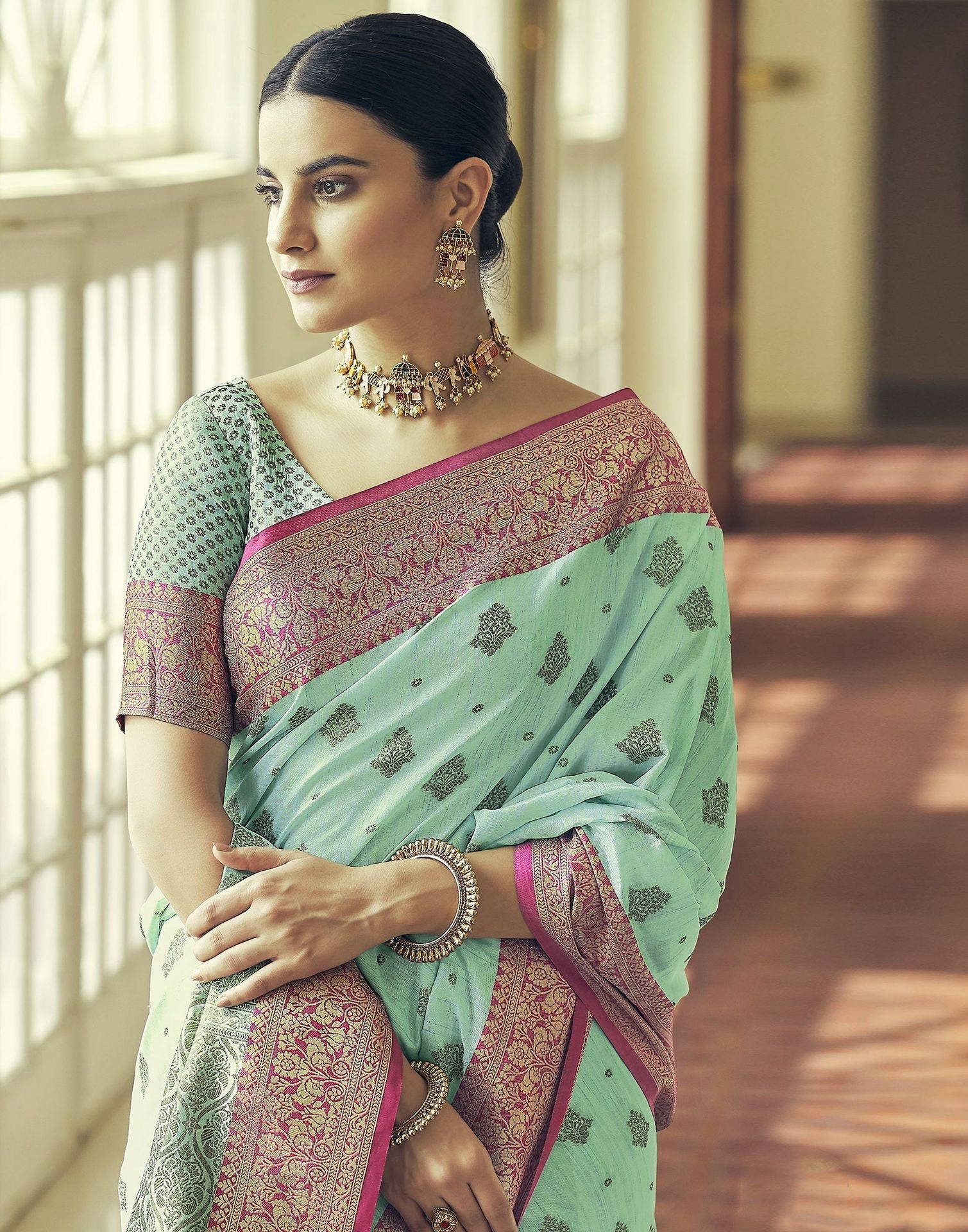 Turquoise Silk Banarasi Saree | Leemboodi