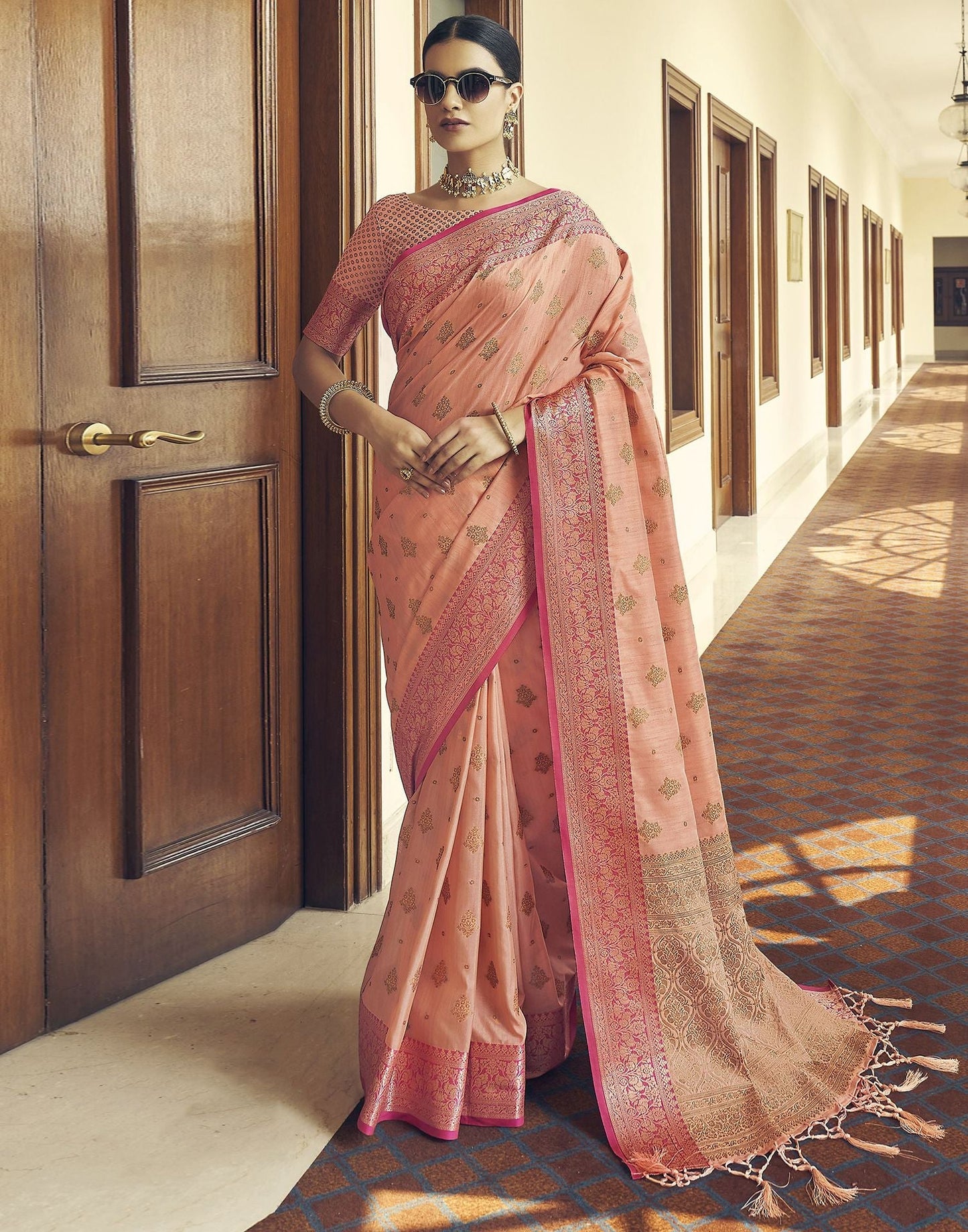 Light Orange Silk Banarasi Saree | Leemboodi
