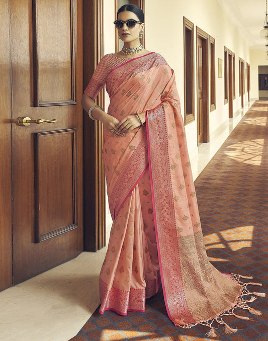 Light Orange Silk Banarasi Saree | Leemboodi