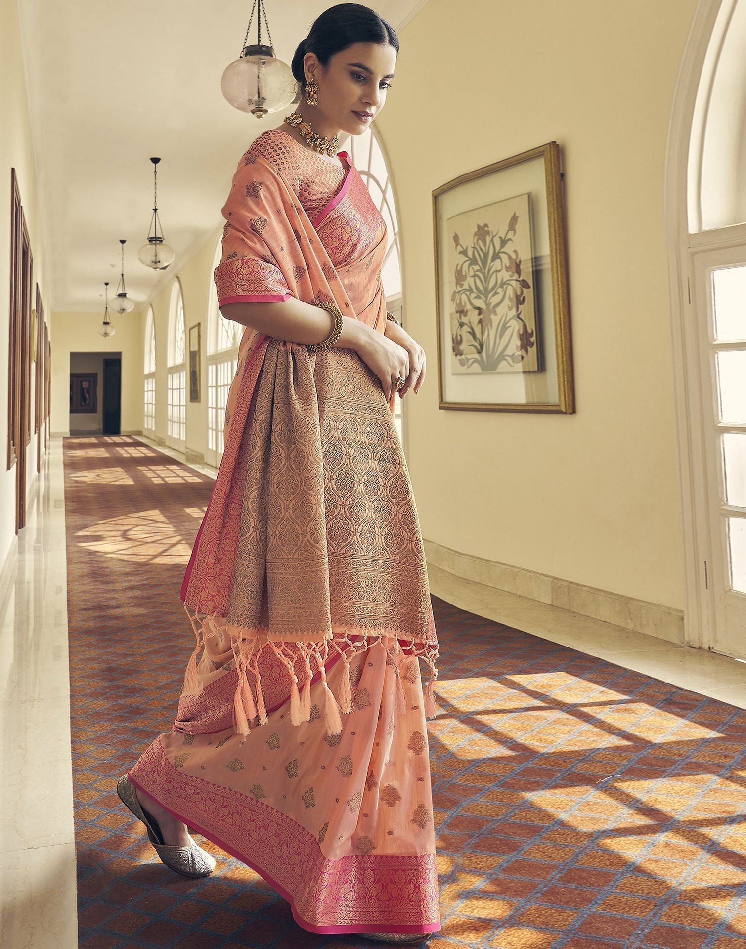 Light Orange Silk Banarasi Saree | Leemboodi